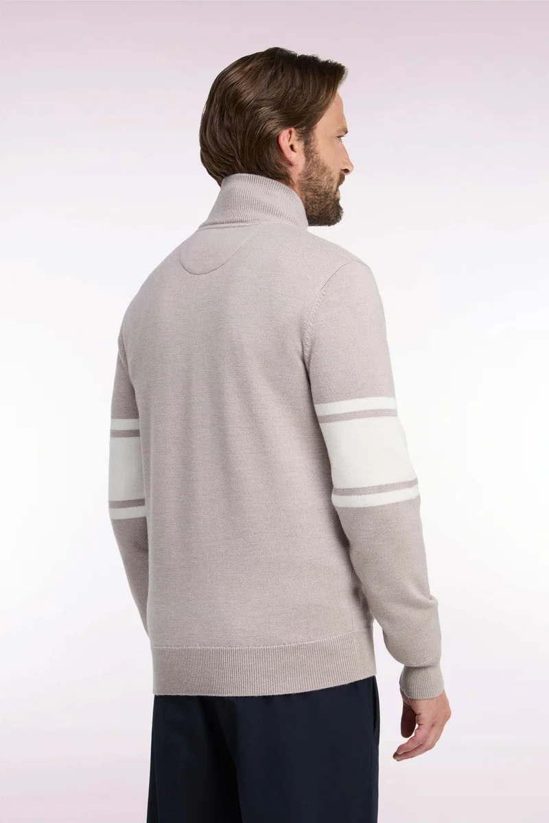 Cardigan zippé en laine mérinos beige à manches rayées coupe droite