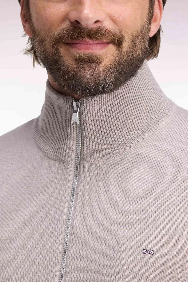 Cardigan zippé en laine mérinos beige à manches rayées coupe droite