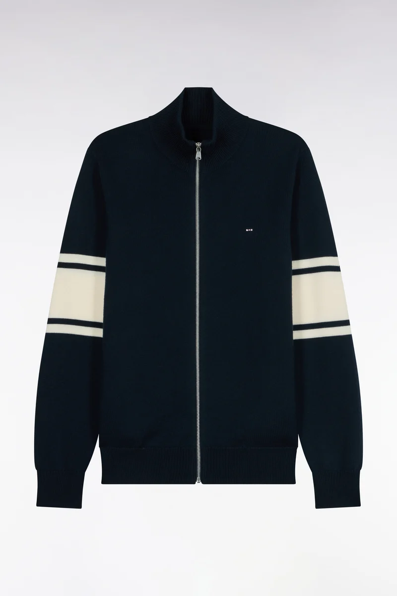 Cardigan zippé en laine mérinos marine à manches rayées coupe droite