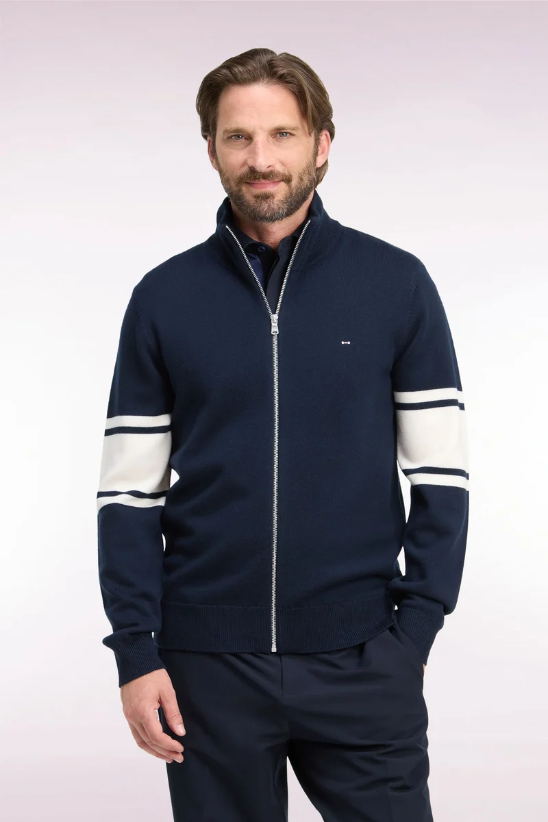 Cardigan zippé en laine mérinos marine à manches rayées coupe droite
