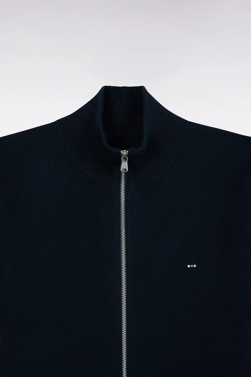 Cardigan zippé en laine mérinos marine à manches rayées coupe droite