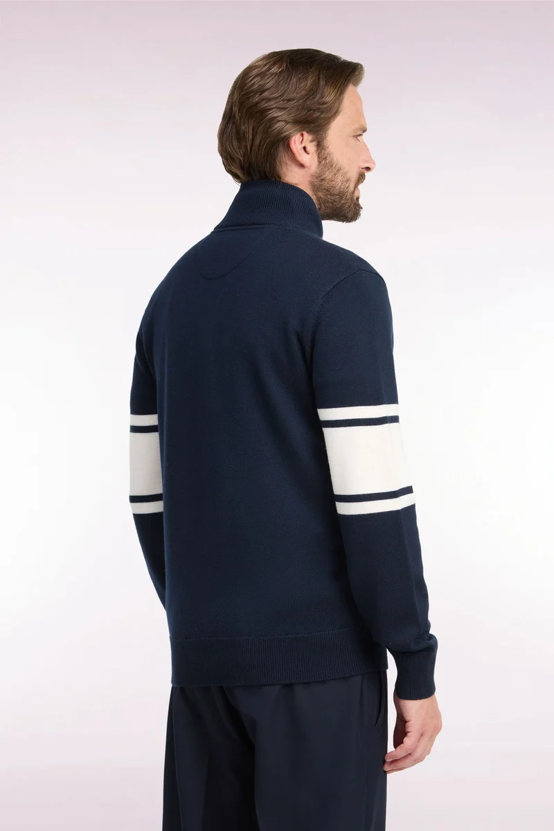 Cardigan zippé en laine mérinos marine à manches rayées coupe droite