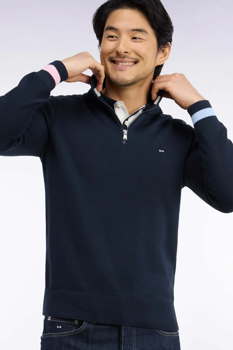 Pull col camionneur zippé en coton marine brodé coupe droite