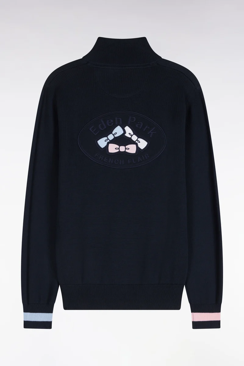 Pull col camionneur zippé en coton marine brodé coupe droite