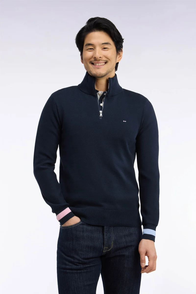 Pull col camionneur zippé en coton marine brodé coupe droite