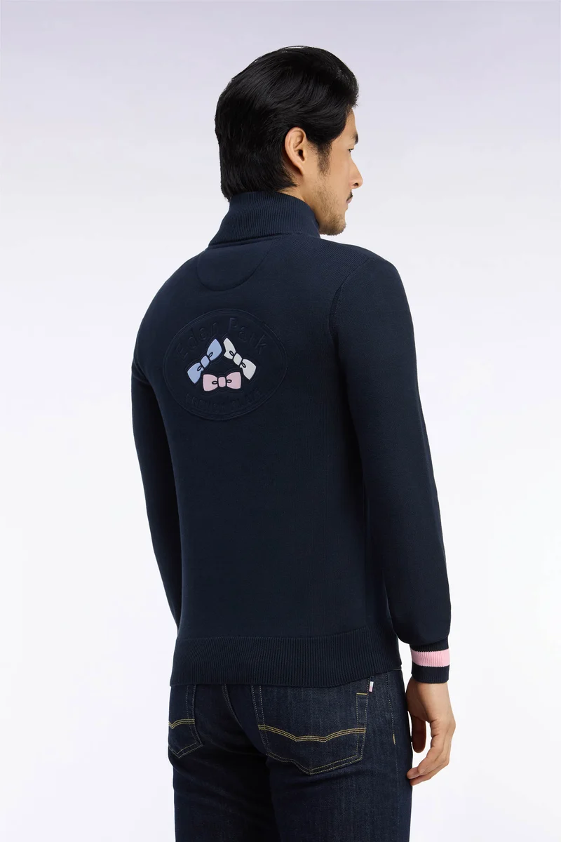 Pull col camionneur zippé en coton marine brodé coupe droite