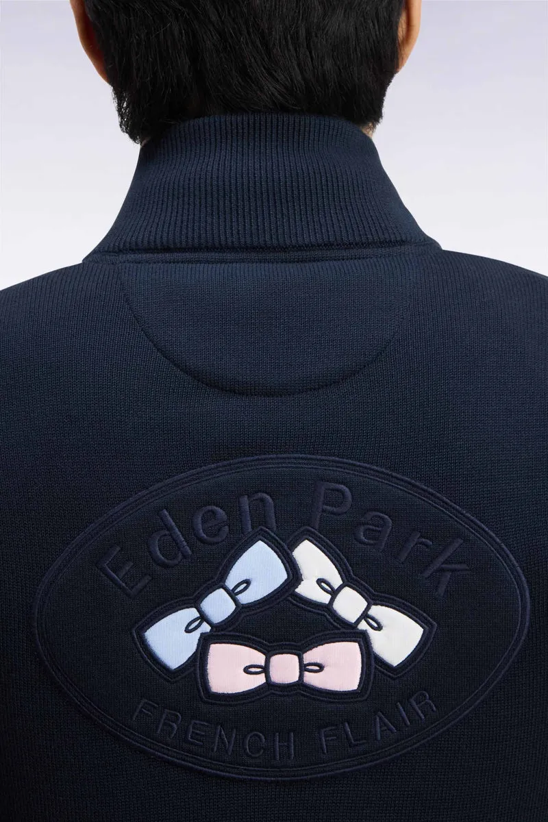 Pull col camionneur zippé en coton marine brodé coupe droite