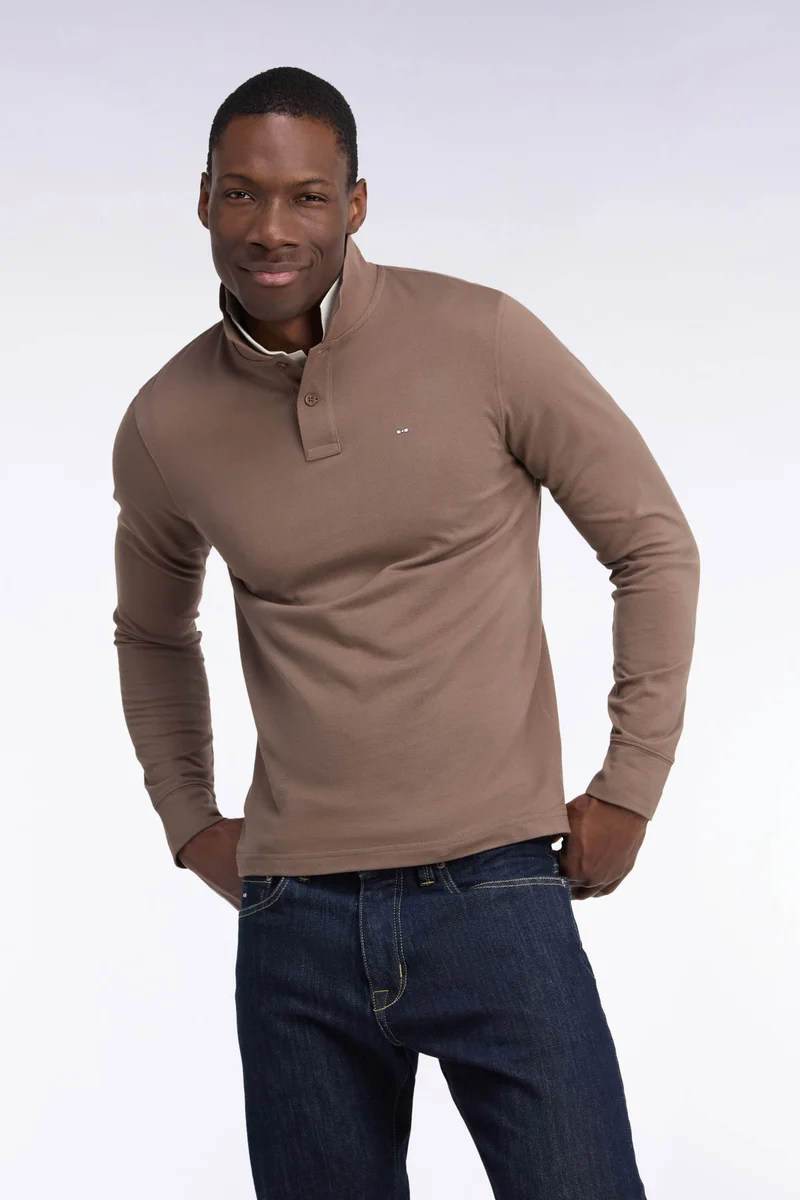 Polo manches longues en coton Pima marron coupe droite