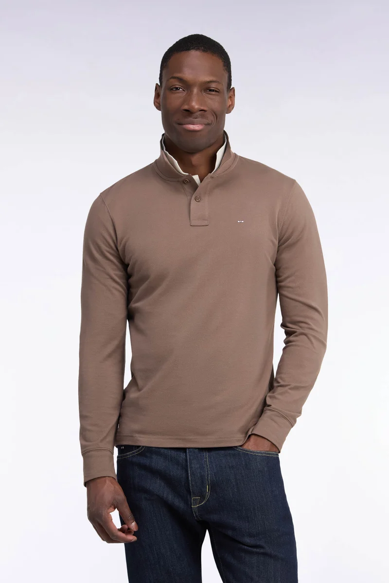 Polo manches longues en coton Pima marron coupe droite