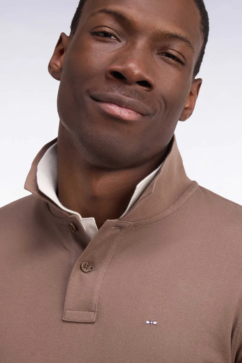 Polo manches longues en coton Pima marron coupe droite