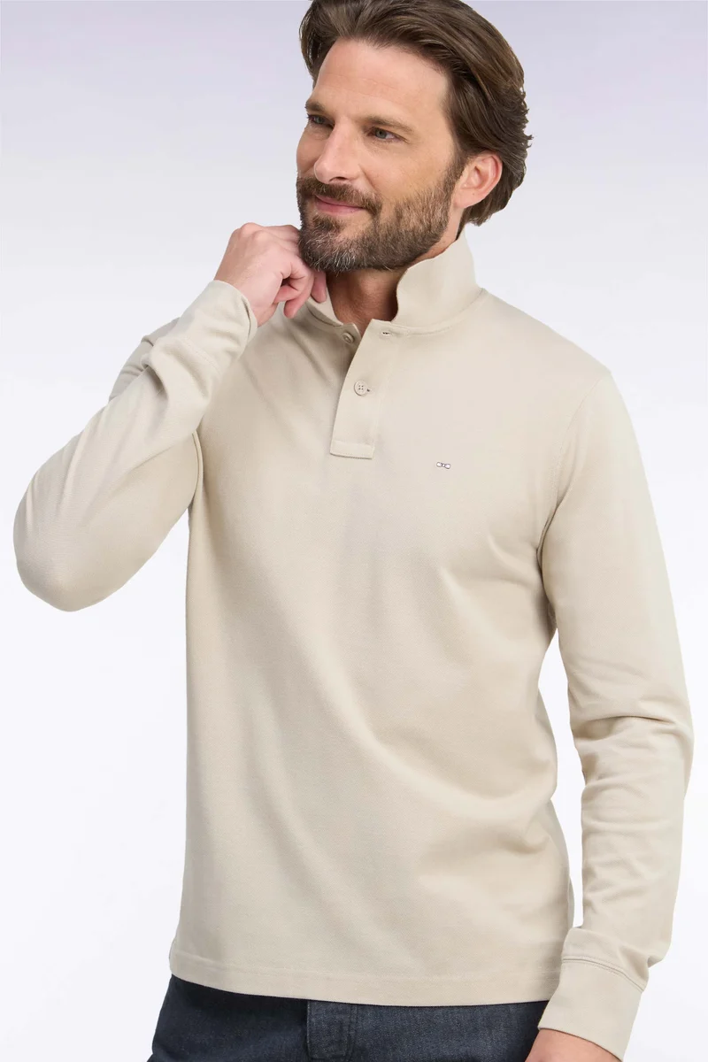 Polo manches longues en coton Pima beige coupe droite