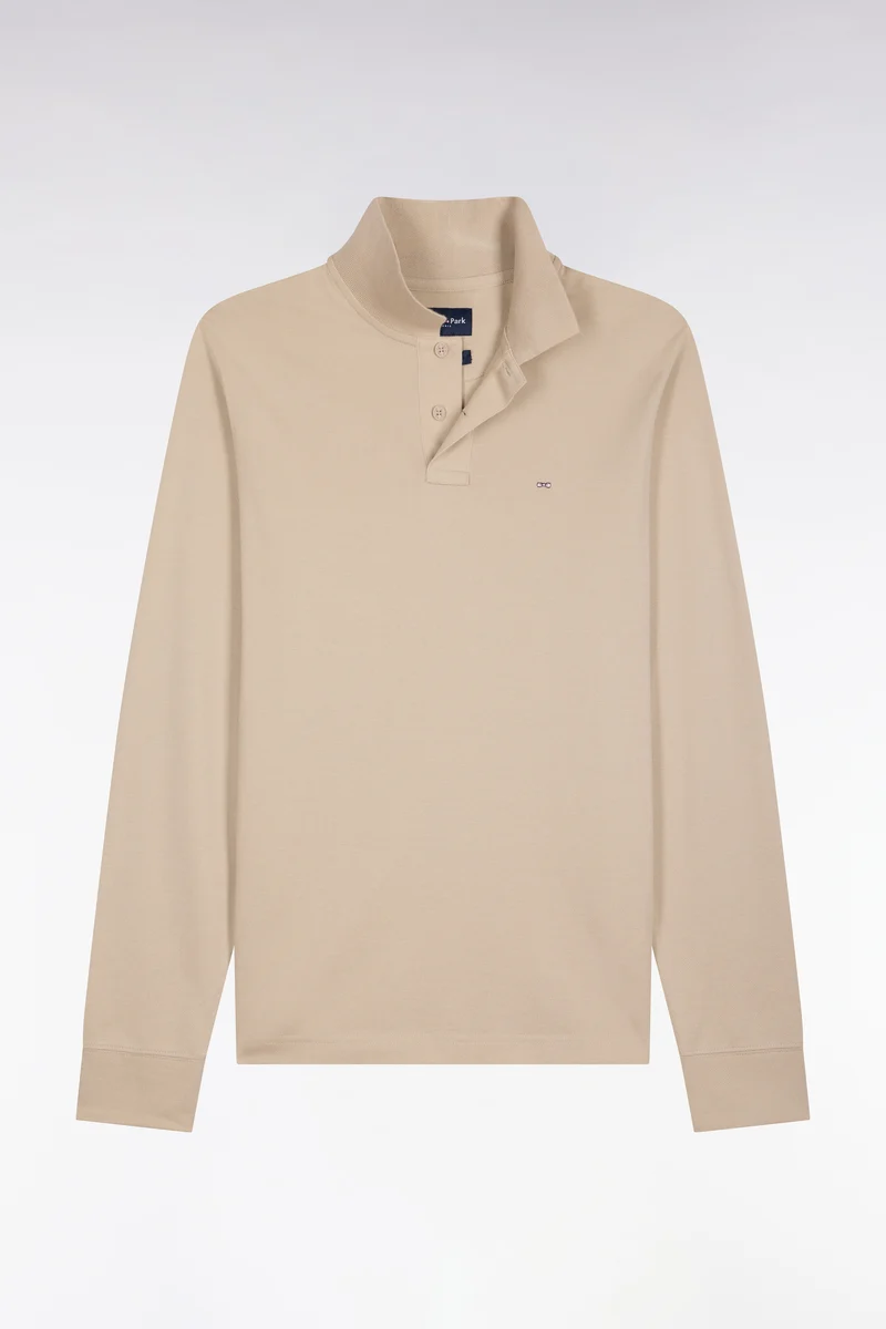 Polo manches longues en coton Pima beige coupe droite