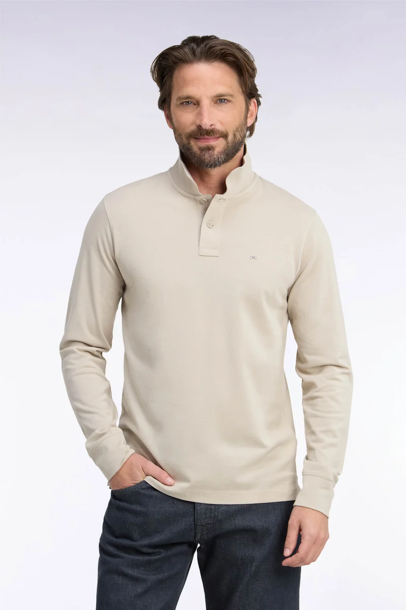 Polo manches longues en coton Pima beige coupe droite