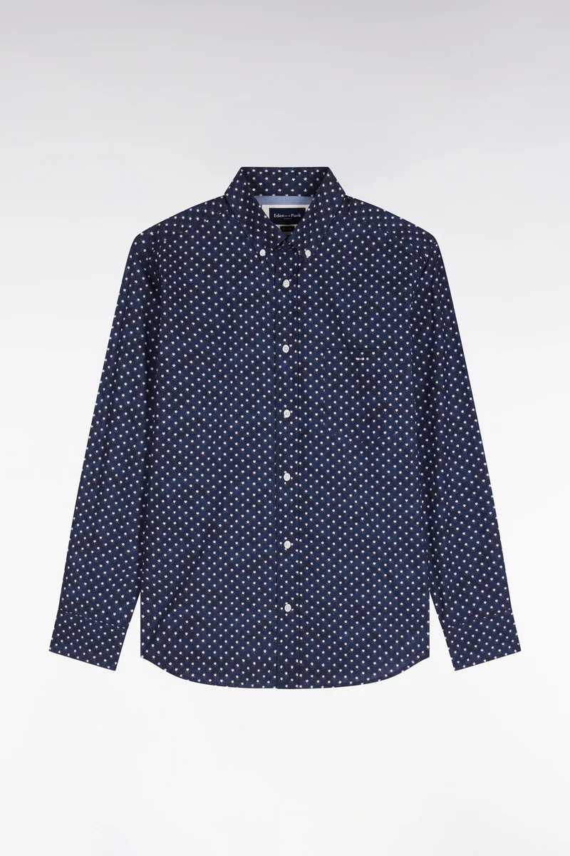 Chemise en coton marine à micromotifs fleurs blanches coupe droite