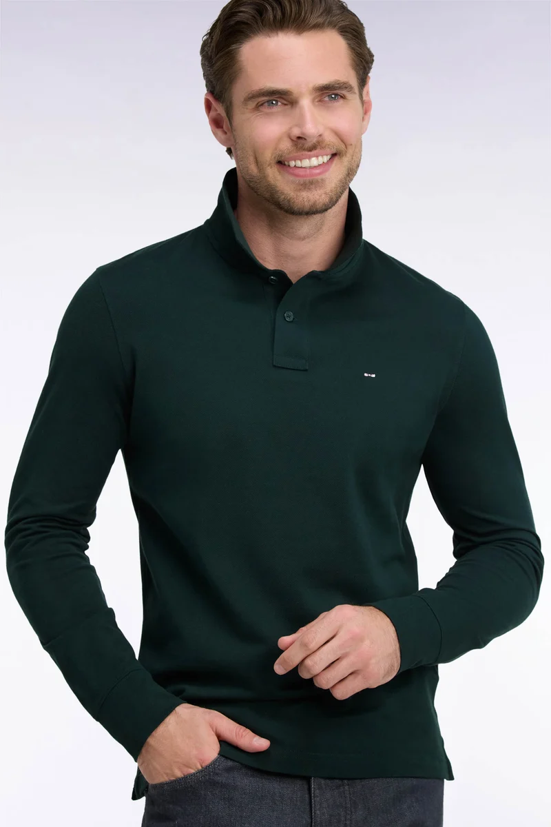 Polo manches longues en coton Pima vert foncé coupe droite