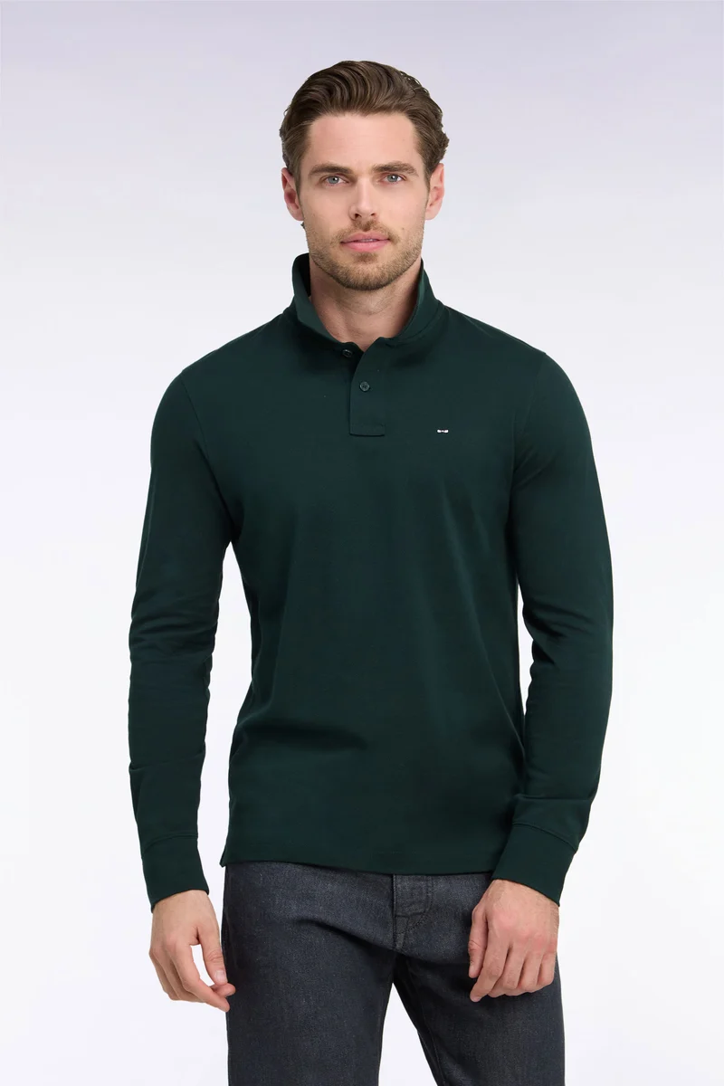 Polo manches longues en coton Pima vert foncé coupe droite