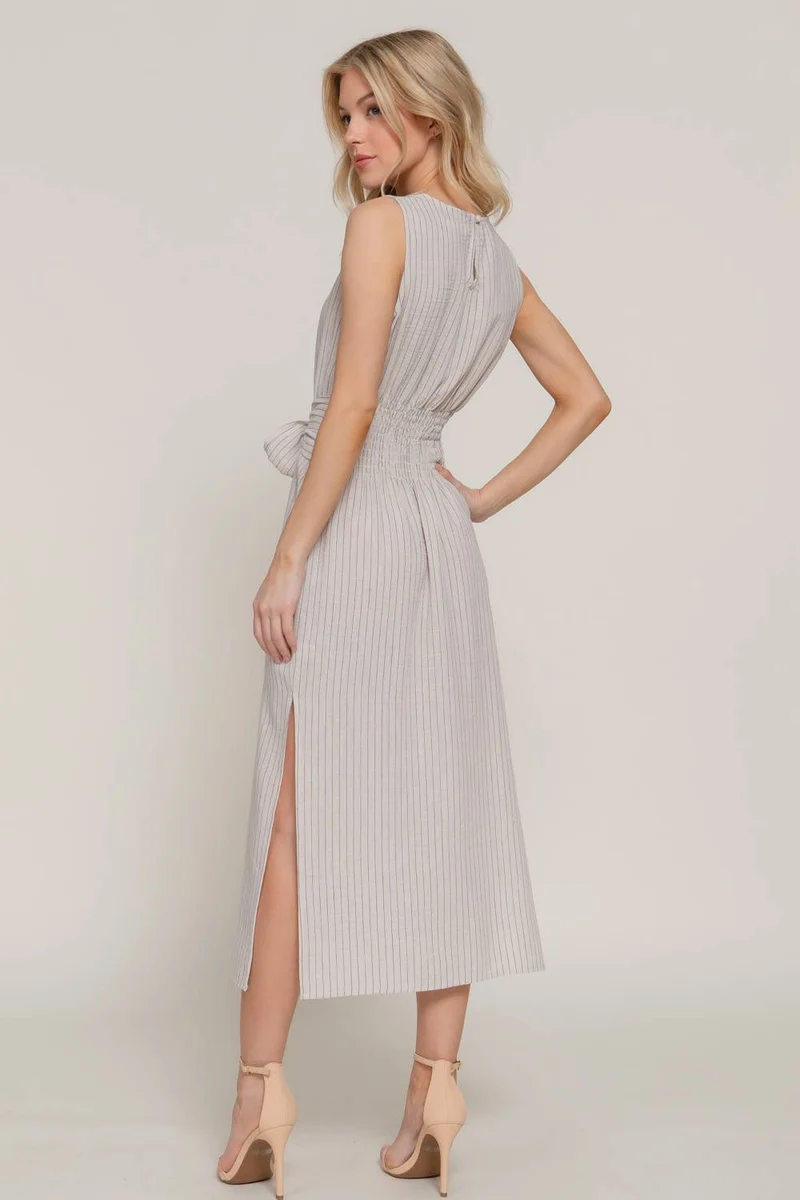 Waist Tie Stripe Linen Midi Dress