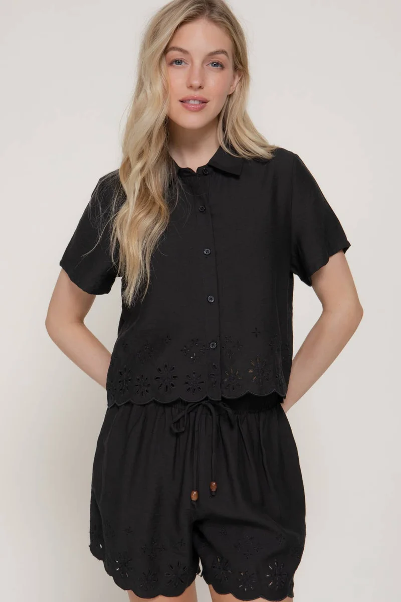 Short Sleeve Eyelet Scallop Hem Woven