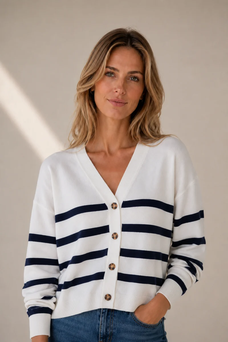 Le cardigan à rayures marines