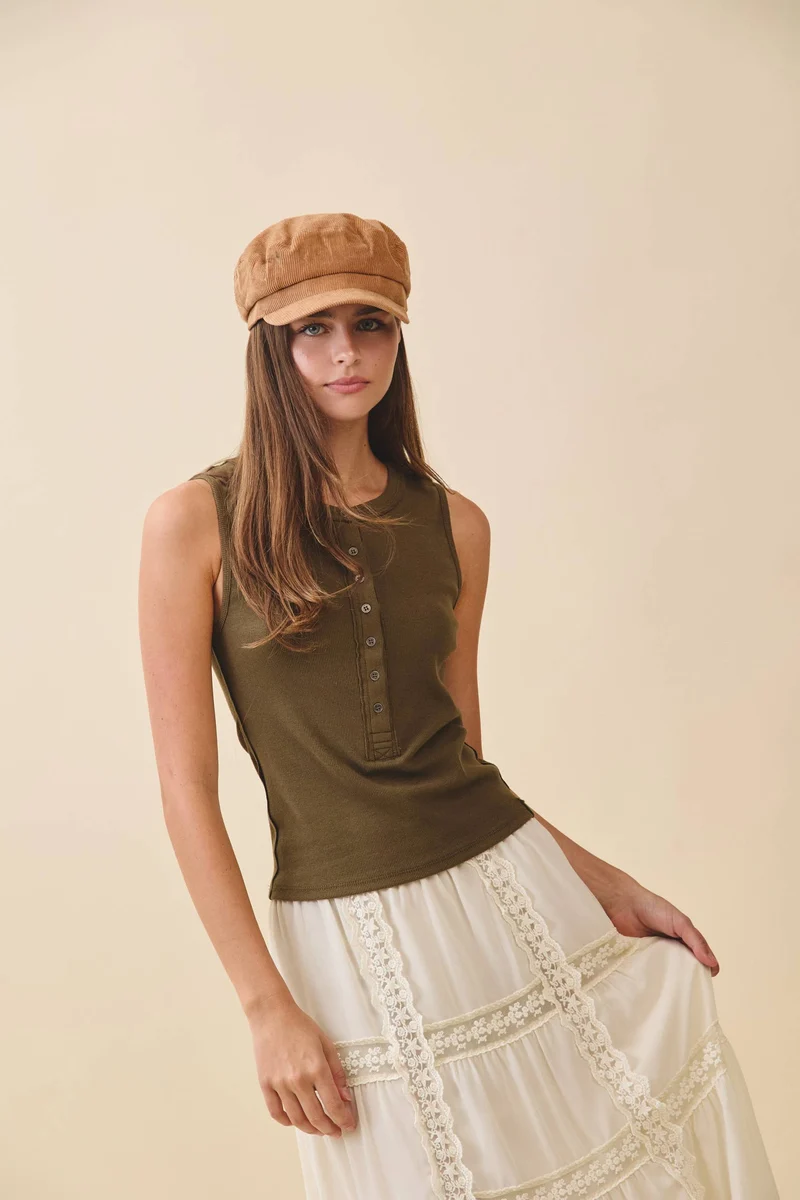 8571GK Ribbed Henley Tank Top: Oat / Contemporary / L