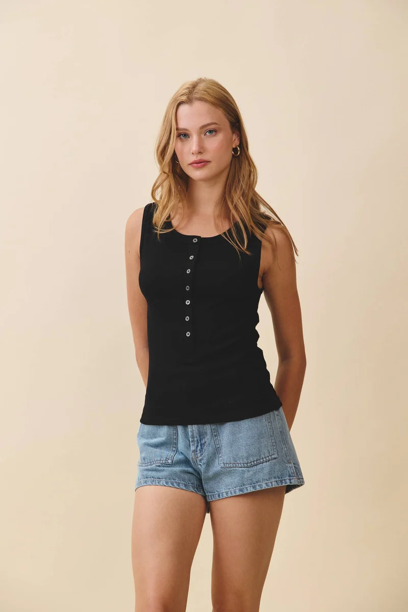 8571GK Ribbed Henley Tank Top: Chocolate / Contemporary / L