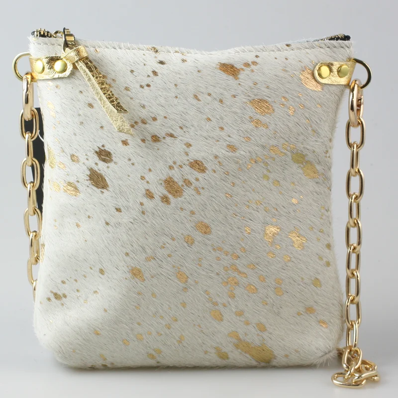 The Fancy Jane Shoulder bag and Crossbody bag: Celestial: Gold burnout on White hair-on-hide / Lined / Gold Shoulder Chain