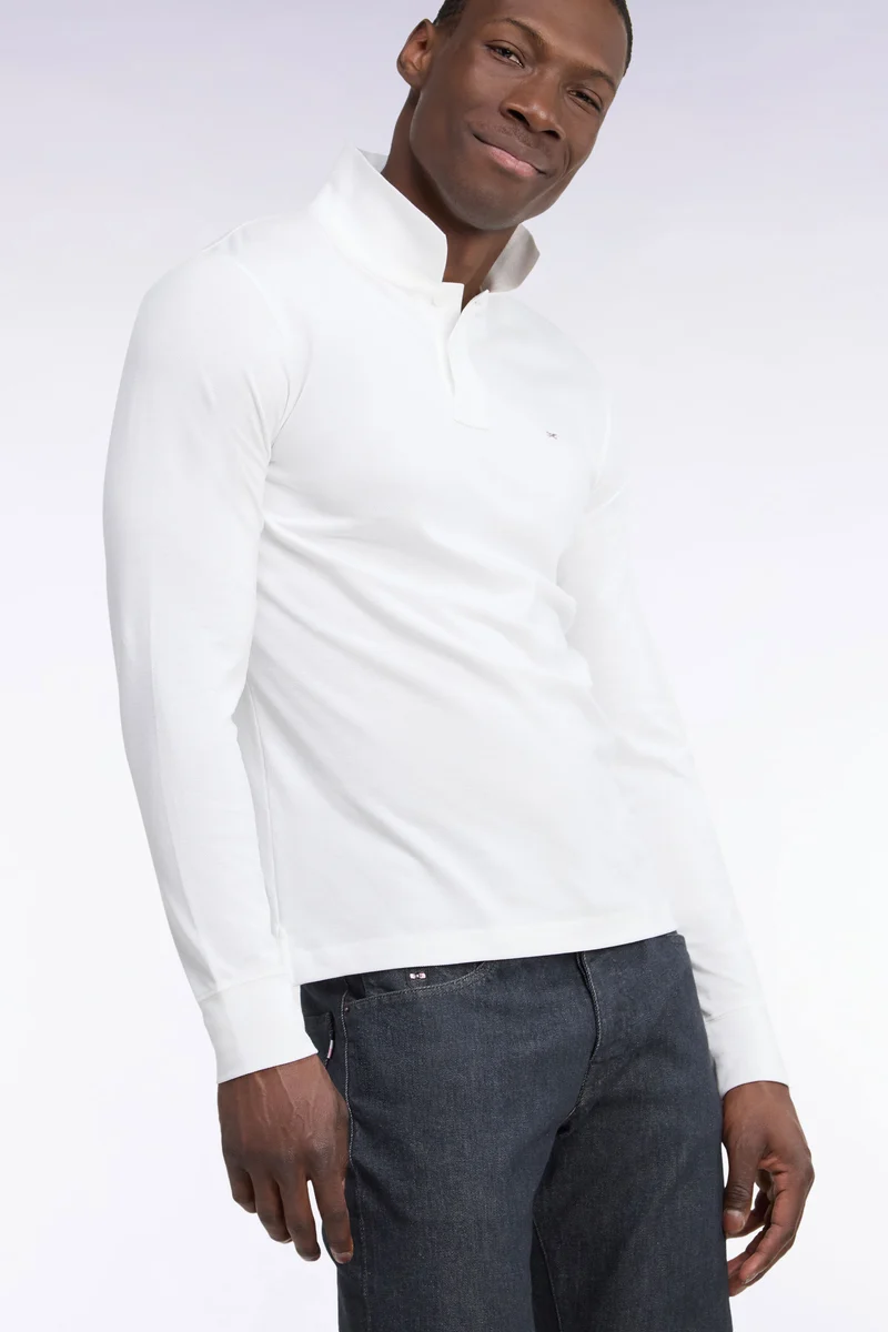 Polo manches longues en coton Pima blanc coupe droite