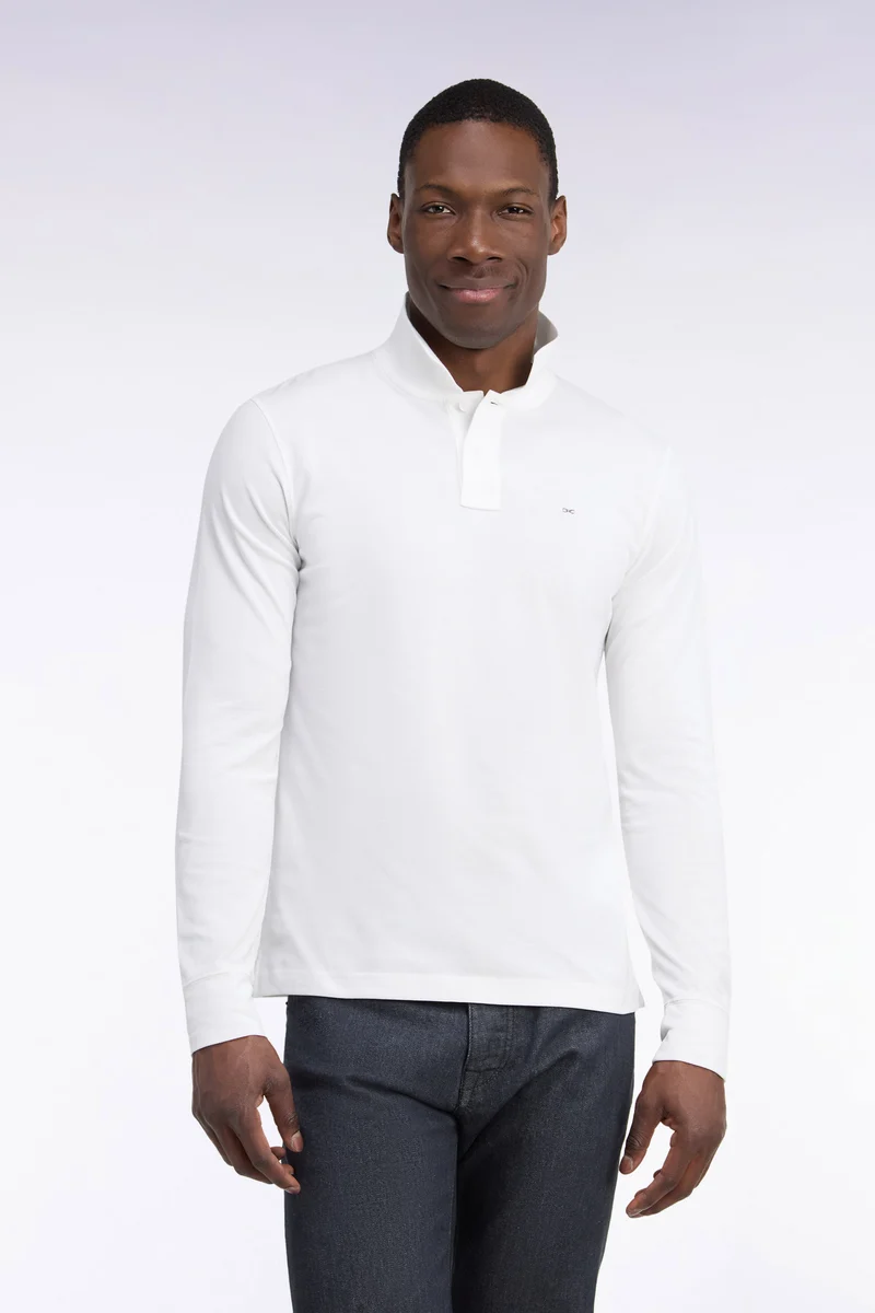 Polo manches longues en coton Pima blanc coupe droite