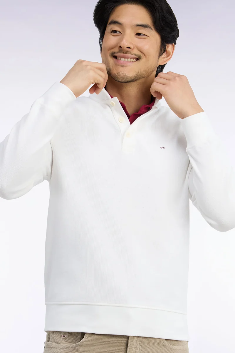 Sweatshirt col polo en coton écru coupe droite