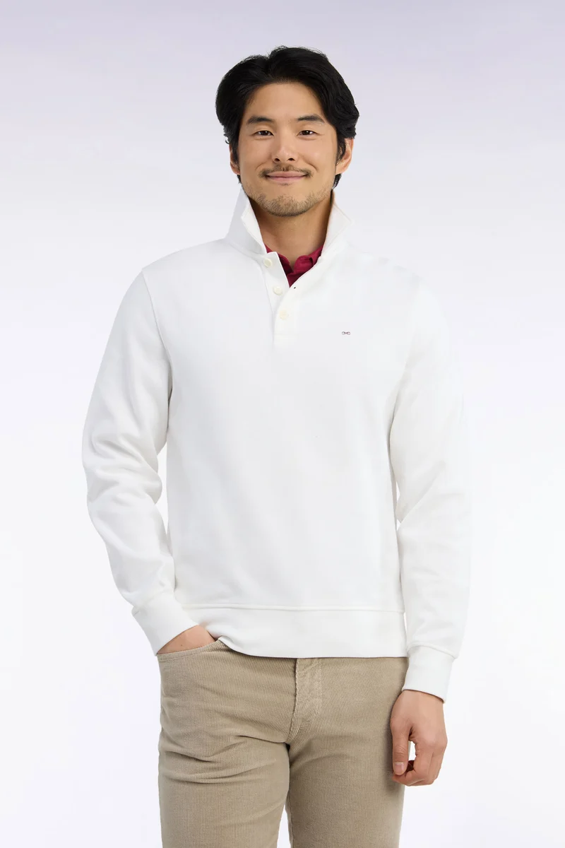 Sweatshirt col polo en coton écru coupe droite