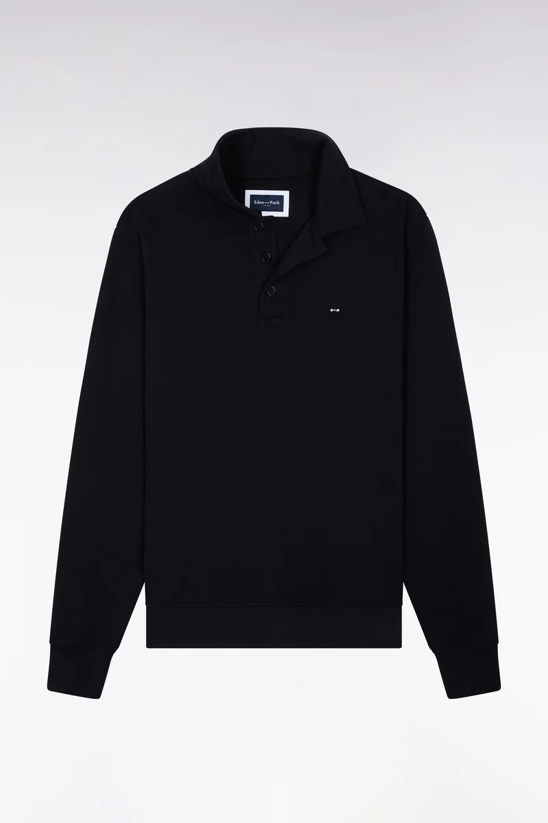 Sweatshirt col polo en coton noir coupe droite