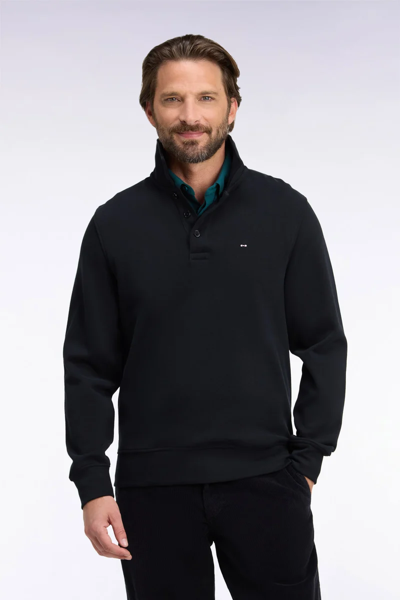Sweatshirt col polo en coton noir coupe droite