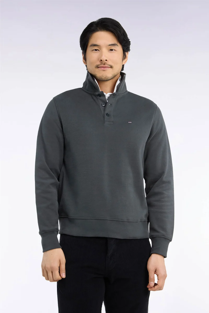 Sweatshirt col polo en coton kaki coupe droite