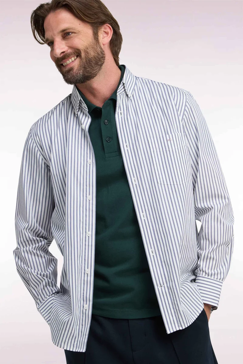 Chemise à rayures en coton marine et blanc coupe droite