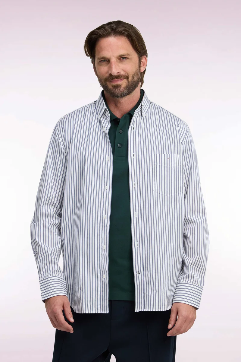 Chemise à rayures en coton marine et blanc coupe droite