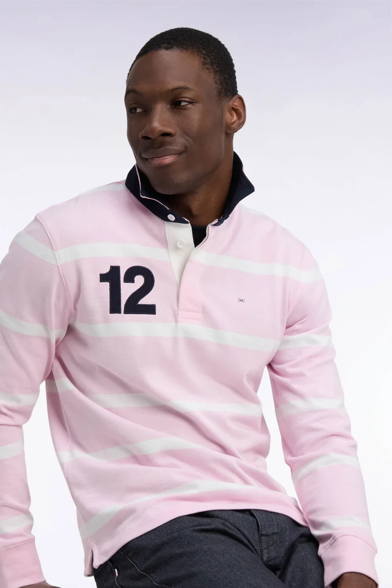 Maillot manches longues en jersey de coton rose rayé broderie dos