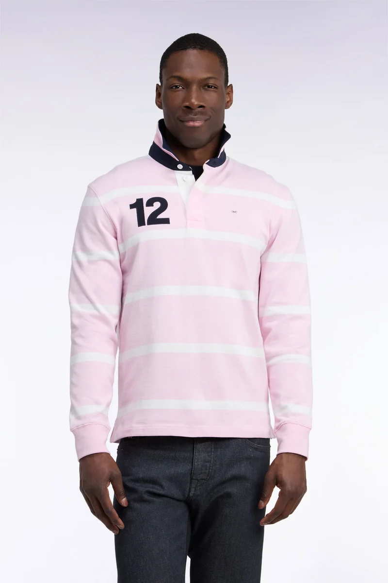 Maillot manches longues en jersey de coton rose rayé broderie dos