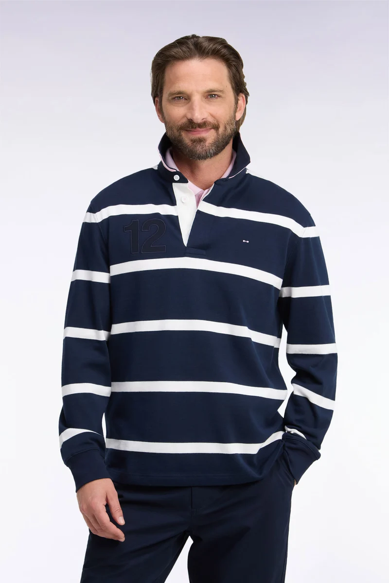 Maillot manches longues en jersey de coton marine rayé broderie dos