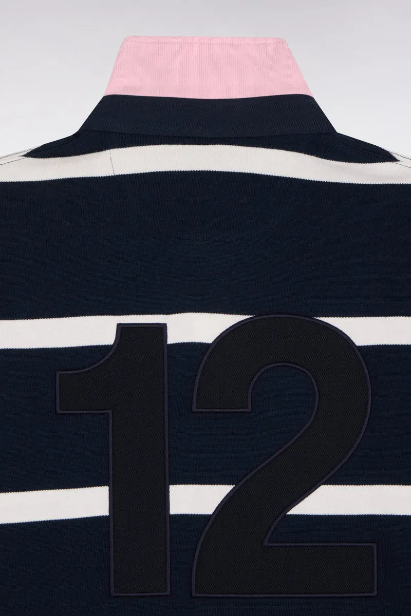 Maillot manches longues en jersey de coton marine rayé broderie dos