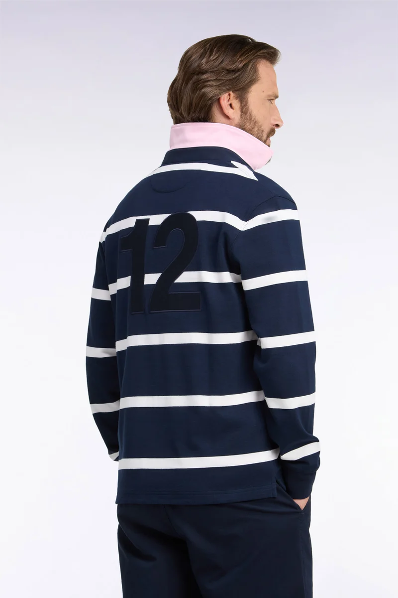 Maillot manches longues en jersey de coton marine rayé broderie dos