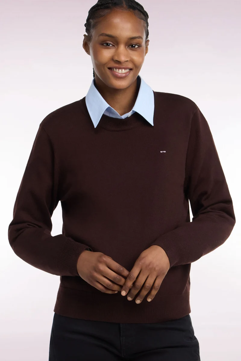 Pull col rond en laine marron coupe droite