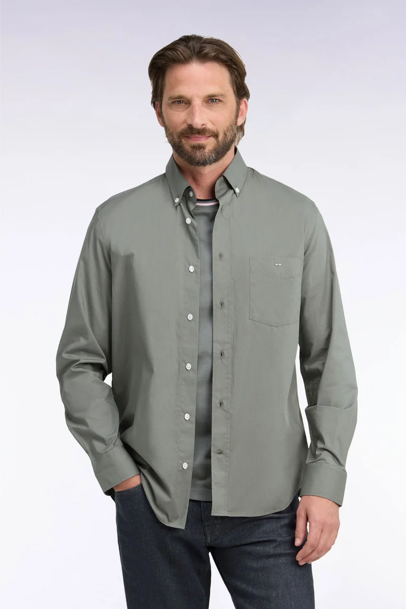 Chemise en coton kaki à détails micromotifs coupe droite
