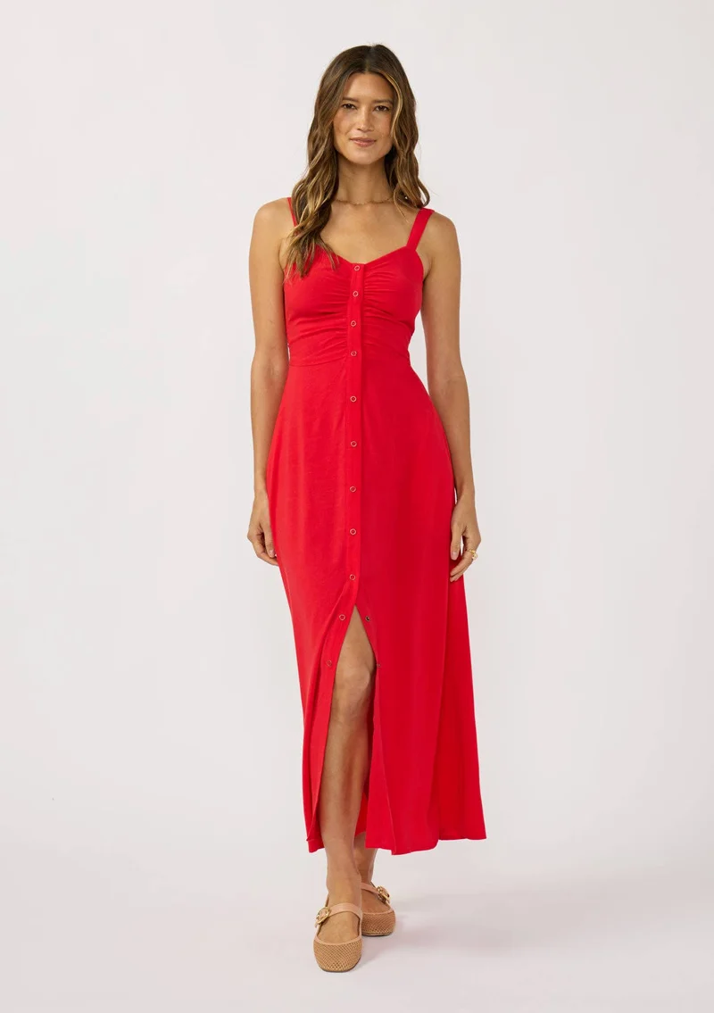 V-Neck Ruched Button Down Maxi Dress:
