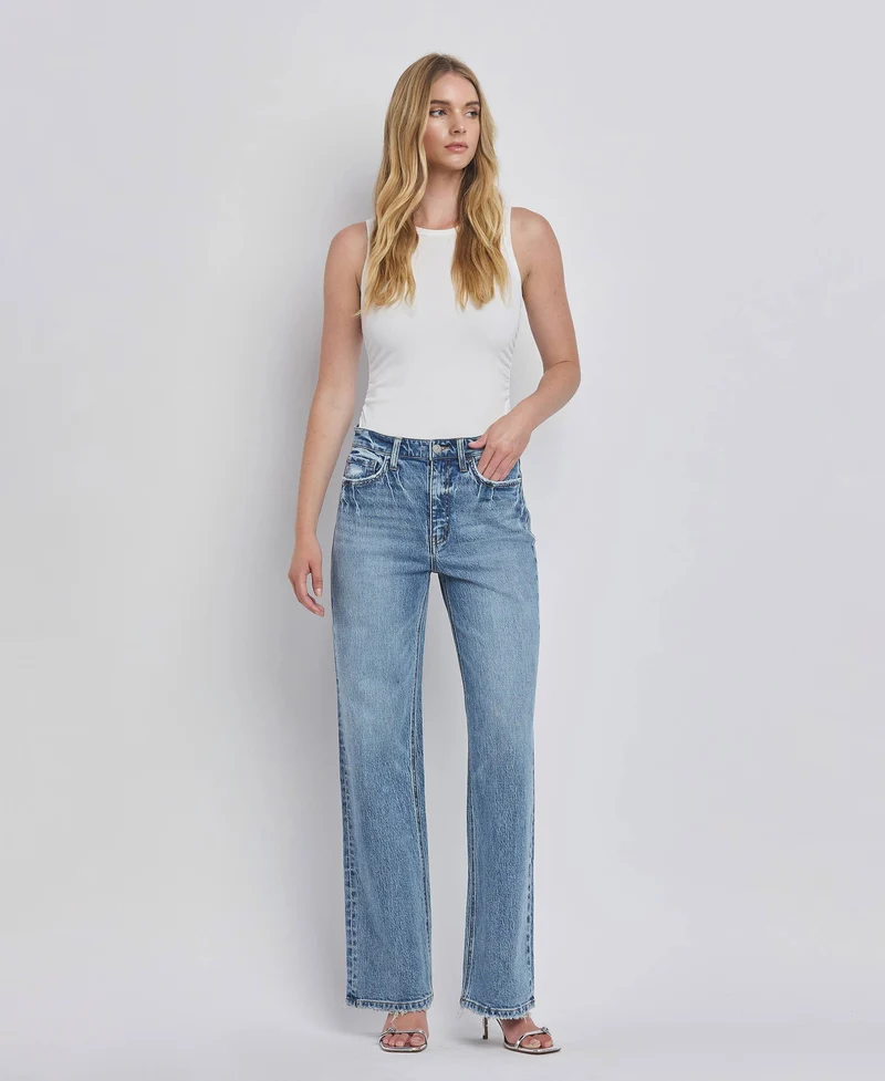 90'S SUPER HIGH RISE MEDIUM WASH WIDE JEANS T6242: LEAPING WATER / 24
