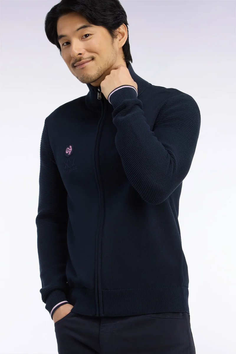Cardigan XV de France zippé en jersey coton marine brodé coupe droite