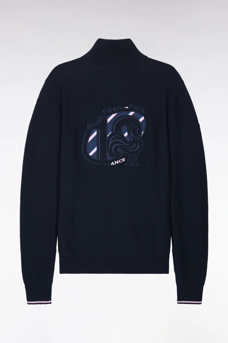 Cardigan XV de France zippé en jersey coton marine brodé coupe droite