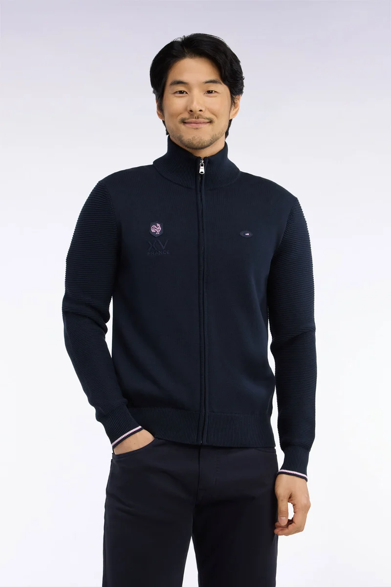 Cardigan XV de France zippé en jersey coton marine brodé coupe droite