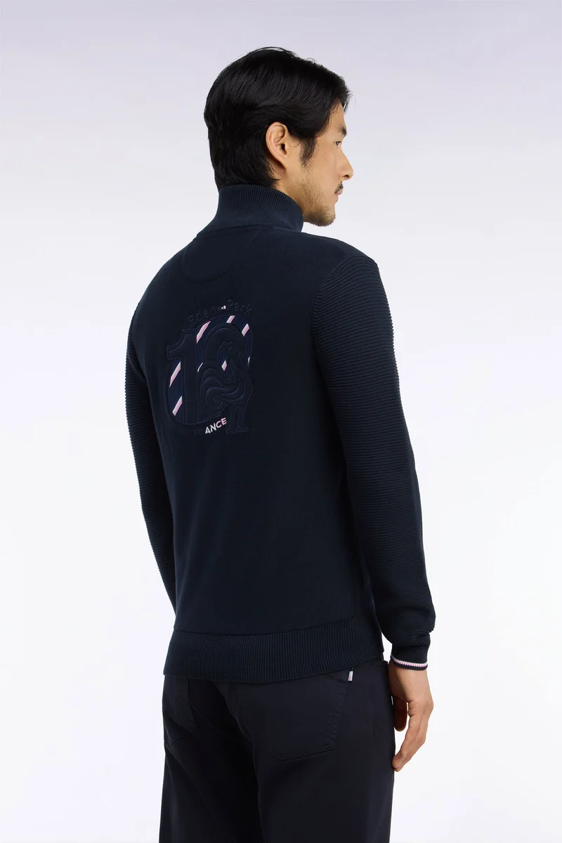 Cardigan XV de France zippé en jersey coton marine brodé coupe droite