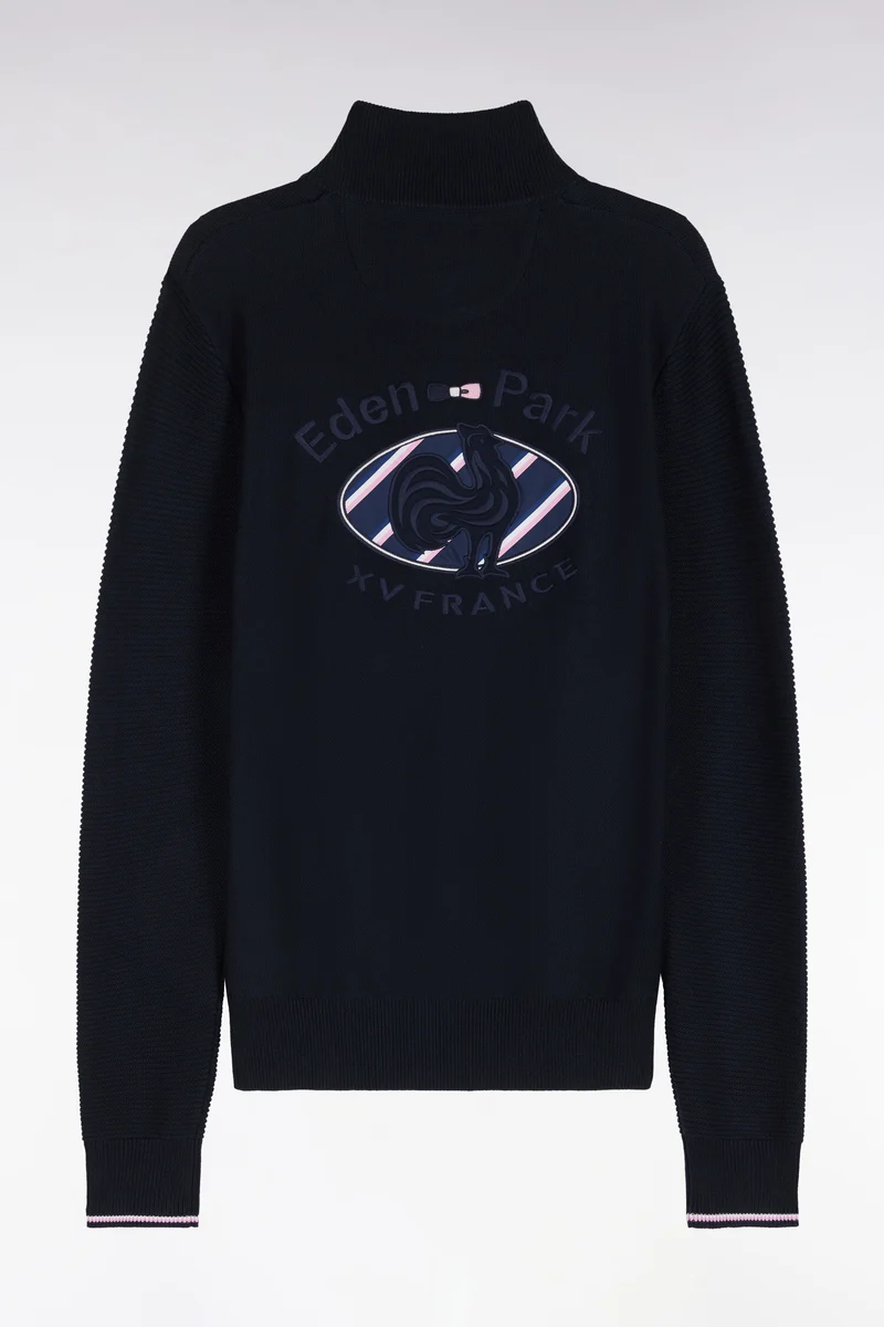 Pull à col montant zippé en coton marine broderie XV de France coupe regular