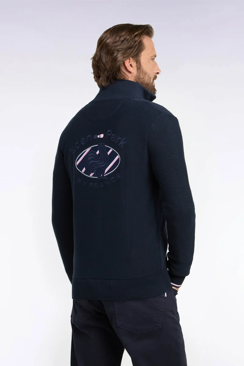Pull à col montant zippé en coton marine broderie XV de France coupe regular